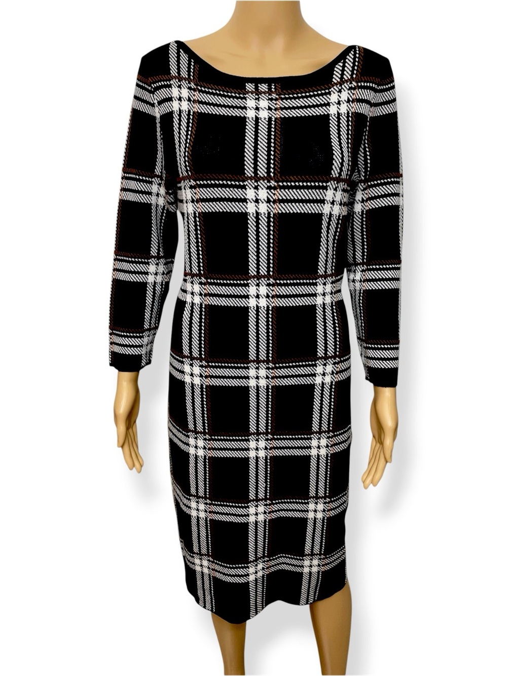 Ann Taylor Black and White Plaid Long Sleeve Stretch Midi Dress size M